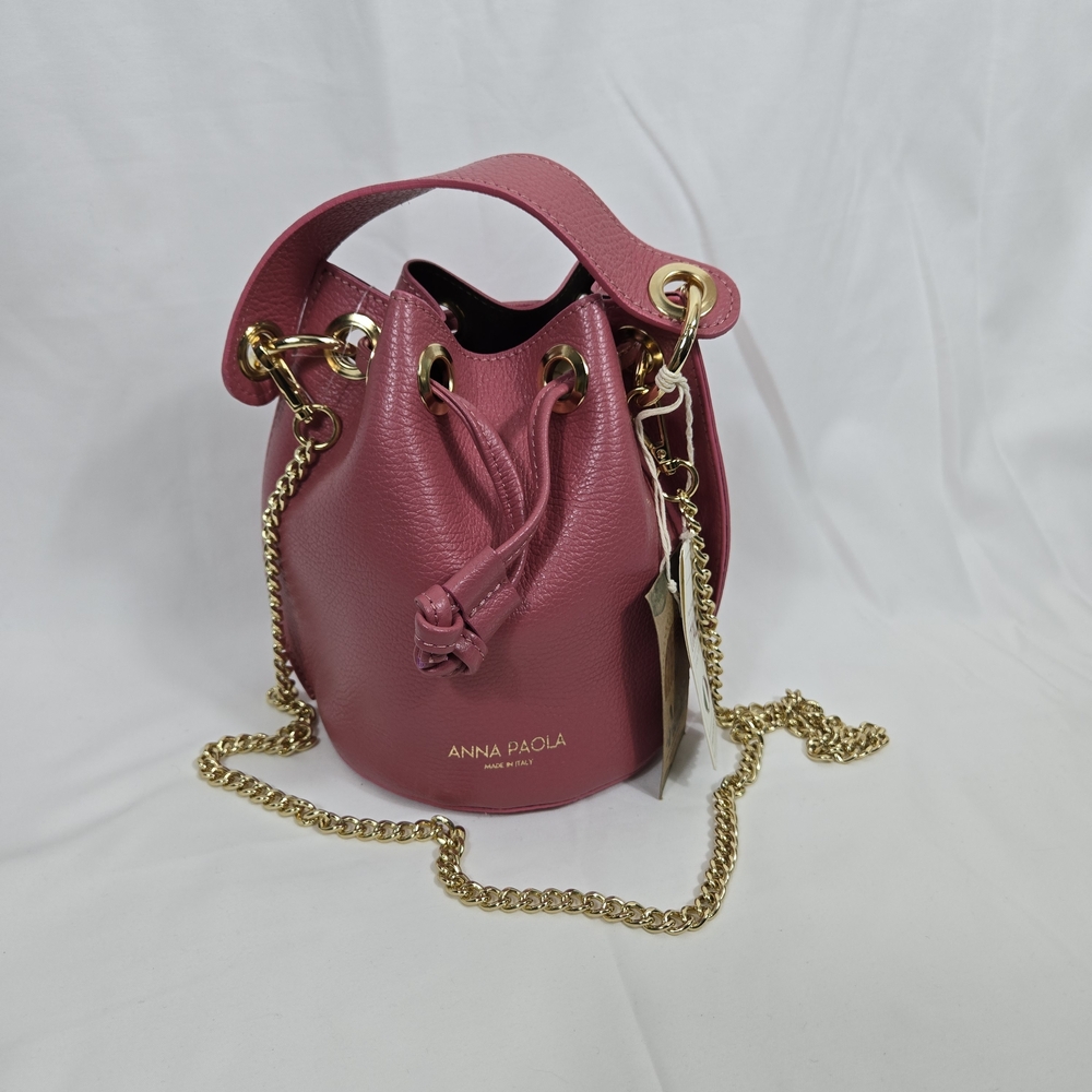 Anna Paola Pink Pebbled Italian Leather Gold Chain Bucket Crossbody Bag NEW